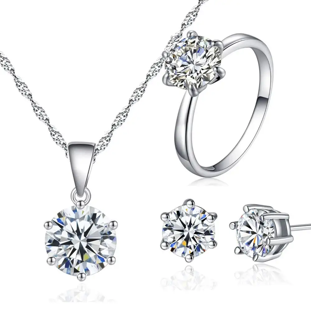 6 claw Silver Bridal Jewelry Set Necklace Earrings rings For Women Romantic Austrian Crystal Engagement jewelry set