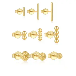 fashion earrings jewelry 925 sterling silver bar stick round bead ball flower gold plated stud earrings set for women
