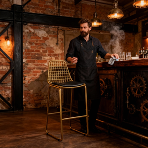 Современный барный стул с черной сетчатой спинкой, мягким кожаным сиденьем и прочным металлическим каркасом, подходит для европейских и американских баров и дома. - Product Image 1