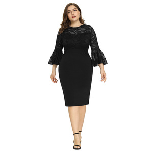 HNS02030 OEM Femmes Patchwork 3/4 Cloche Manches Col rond Hanches Gainé Noir Grande Taille Dentelle <span class=keywords><strong>Robes</strong></span> Grande Taille - Product Image 2