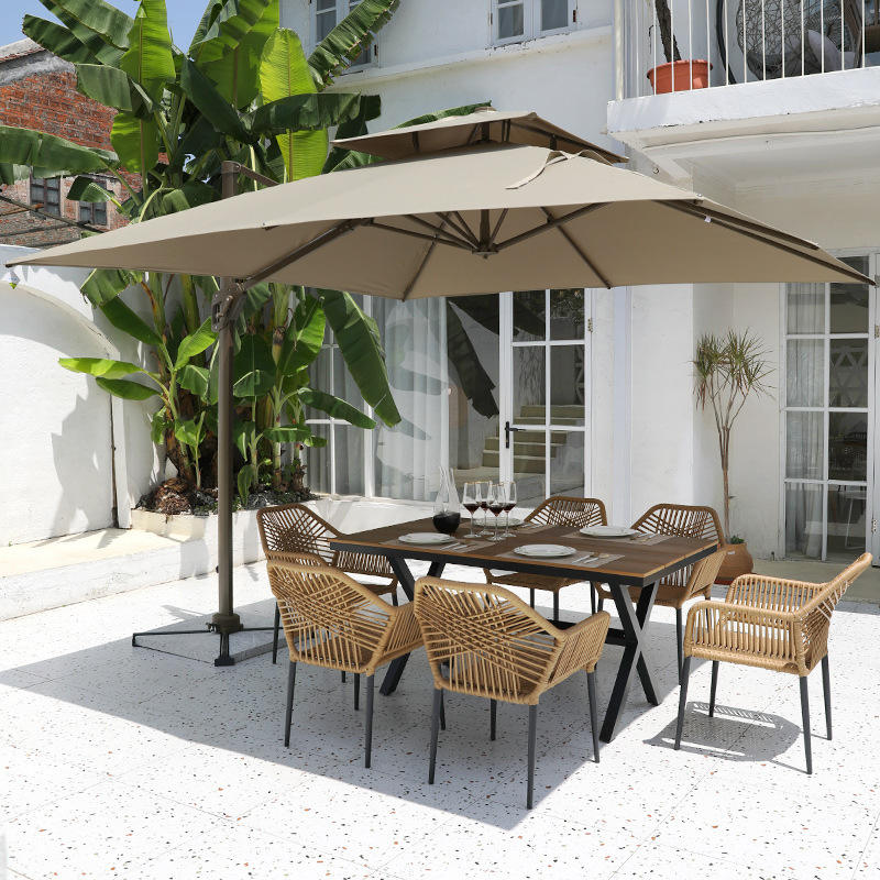 3m square umbrella+6 chairs+150*90 wood rectangular table
