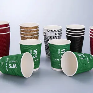 Take Away özel Logo Premium Vintage Compostable tek kullanımlık 12Oz 16Oz kağıt kahve kapaklı kupa