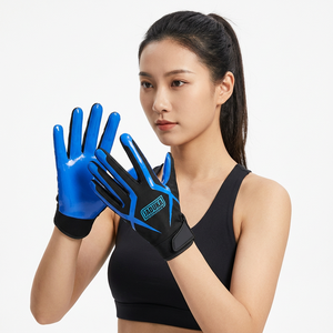 Gants de football américain personnalisés de haute qualité, bleus, professionnels, en polyester/coton, à doigts entiers, antidérapants - Product Image 1