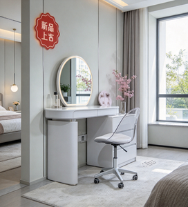 Modern White Vanity Set <b>with</b> <b>Lighted</b> Round <b>Mirror</b> Storage Cabinet - Product Image 4