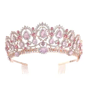 Baroque Pink color tiara and crown bridal headband rhinestone princess tiara