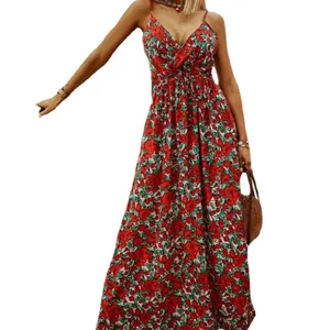 OEM Summer casual women colorful floral print sleeveless V neck smocked waist strap maxi dress