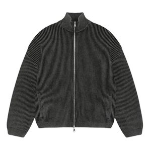 Wholesale Custom Chunky Wool Blend 2x2 Ribbed Cropped Zip-up <strong>Turtleneck</strong> <strong>Men</strong> Knit Cardigan Drop Shoulder High-End <strong>Sweater</strong> OEM - Product Image 4