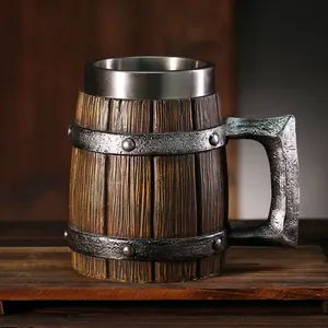New High Quality Mug Huaqi MCA09 Wooden Barrel Beer Mug Stainless Steel And Resin Handgrip Beer Mug
