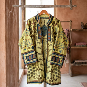 Manteau long en velours vert clair fait main sur mesure, avec des motifs floraux bruns et bleus et une bordure géométrique - Product Image 2