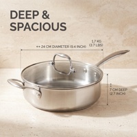 Poêle à frire profonde en acier inoxydable 3 plis de 24 cm avec couvercle en verre, compatible induction, pour la maison et la restauration (vente en gros)