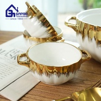 Grande capacité, pot à soupe en céramique nordique, décoratif, plaqué or de luxe, soupière en porcelaine, ensemble de soupière avec support en bois