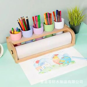 Juego de soporte de dibujo de madera para niños con rollos de dibujo, papel y soporte para bolígrafos para dibujar, ideal para niños y niñas. - Product Image 1