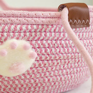 Cesta de cama tejida para gatos con orejas, cojín tejido de cuerda de algodón para perros pequeños, cachorros, cama rosa para dormir para mascotas, nido con pelota de juego - Product Image 5