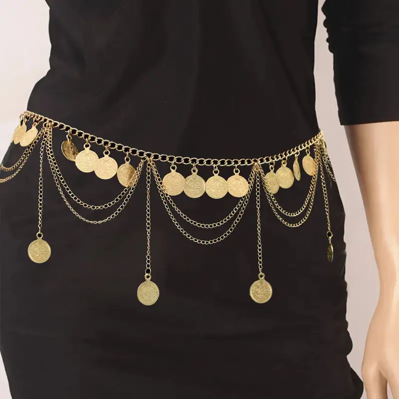 Trendy Body Jewelry Small Round Disc Tassel Link Waist Chain Gold Color Coin Charm Belts Belly Chain