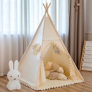 Tente de jeu pour enfants en toile et en bois, <span class=keywords><strong>tissu</strong></span> en coton <span class=keywords><strong>à</strong></span> pois, design luxueux, tente tipi indienne blanche, tente de jeu intérieure pour enfants - Product Image 4