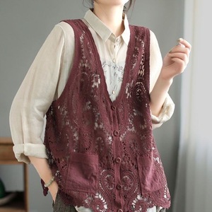 <span class=keywords><strong>Chaleco</strong></span> de <span class=keywords><strong>Mujer</strong></span> con Logotipo Personalizado, Estilo Vintage, Color Verde Salvia, Encaje de Ganchillo, Abierto con Botones, Sin Mangas, Estilo Boho Casual, Vestes para Mujeres - Product Image 2