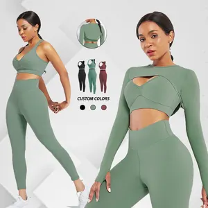 New Design gym fitness sets 3 Piece Workout Set Plain Color Yoga Bra High Waist Yoga Pants And Hoodie Women Yoga Set Suit