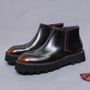 Men's British-style Chelsea <b>boots</b> with engraved zippers, durable thick-soled, high-top, business leather <b>boots</b> - Product Image 3