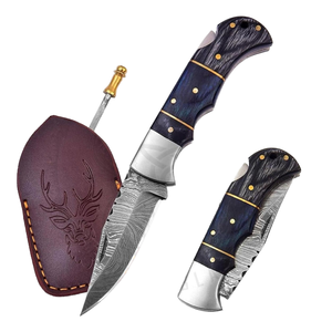 Couteau de poche MANWAY fait à la main en acier damas taureau de fer haute dureté excellente qualité gaine en cuir manche en bois Portable - Product Image 1