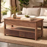 Table basse relevable à deux niveaux en noyer avec rangement dissimulé, étagère à persiennes et pieds carrés épais pour salon OEM ODM