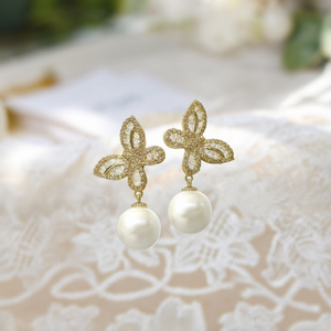 Orecchini pendenti Iacae con fiore, placcati oro, con perle finte AAA rotonde, da donna, classici, in lega di zinco E3374 - Product Image 2
