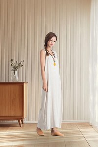 Robe longue trapèze en coton et lin pour femme, éco-responsable, avec ceinture, vente en gros, grandes tailles, coupe décontractée ample, printemps/été, vêtements personnalisés - Product Image 1