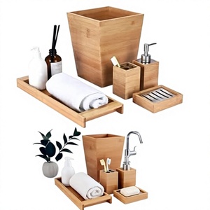 Ensemble de salle de bain en bambou 6 pièces avec distributeur de savon, porte-brosse à dents, porte-savon, plateau, panier, moderne, écologique - Product Image 1