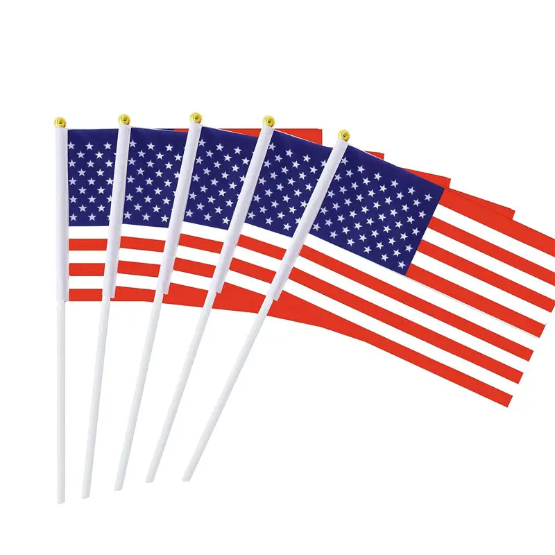 Wholesale 100D polyester Festival USA Hand Held Waving America Stick Mini Flag Parade Hotcut Custom Printing Flag