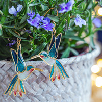Boucles d'oreilles colibri de design tendance, vintage, émail coloré, charme d'oiseau, fête pour femmes, élégantes, plaquées argent et or, bijoux