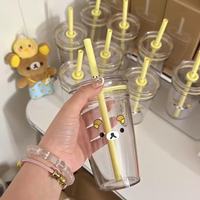 INS Easy Bear Gobelet à paille grande capacité, résistant aux hautes températures, style japonais, dessin animé mignon, couvercle en plastique transparent, jaune