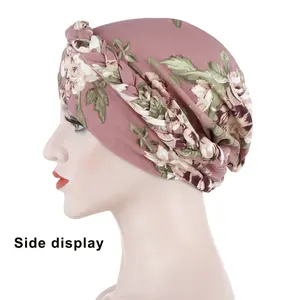 Knotted Turban Flower Print StainHead Wrap Silky Turban For Women Hairband