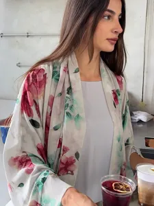 Abaya Aperta sul Davanti per Donne Musulmane, Maniche Lunghe, Caftani, Vestiti Lunghi, Jilbab Mediorientale con Stampa Floreale + Hijab, Set 2 Pezzi - Product Image 3