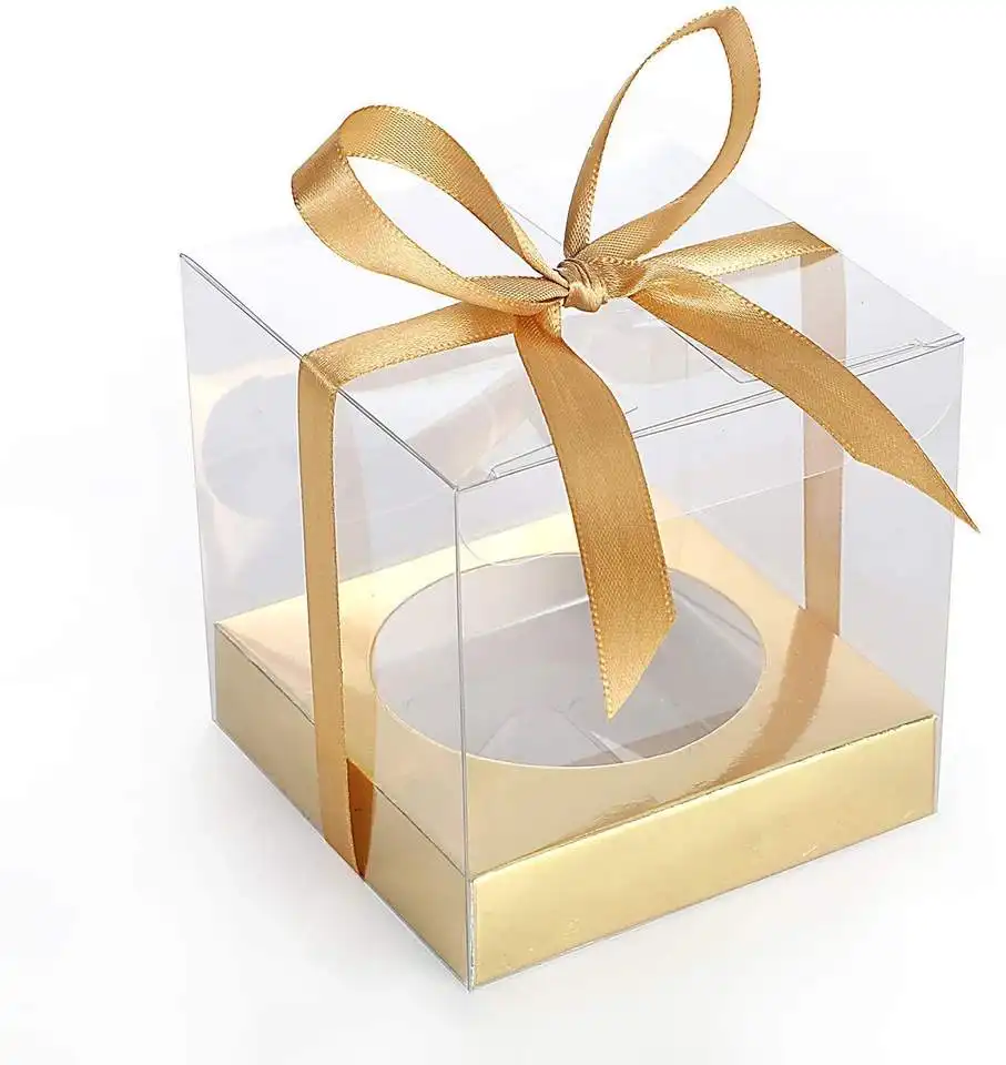 Caja de velas de plástico cuadrada transparente con base dorada, embalaje de recuerdo de fiesta de PVC PET Caja de regalo de postre transparente con cinta