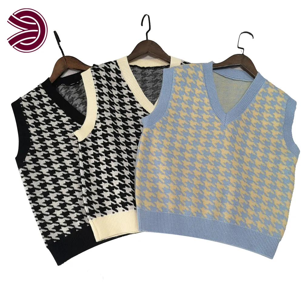 V-neck Knitted Sleeveless Sweater Vest Unisex Cropped Checkered Short Street Geometric Pullovers Women's Sweaters