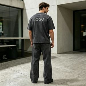 Conjunto de 350g para hombre, camiseta con cuello redondo y pantalones jogger con relieve, conjunto de dos piezas de verano 100% algodón jersey para hombre. - Product Image 2