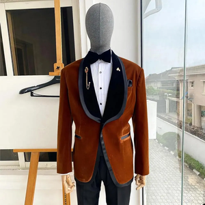 Smokings de mariage en <span class=keywords><strong>velours</strong></span> <span class=keywords><strong>marron</strong></span> 2 pièces ensembles costumes pour hommes châle revers Blazers Slim Fit <span class=keywords><strong>costume</strong></span> formel avec veste et pantalon - Product Image 3