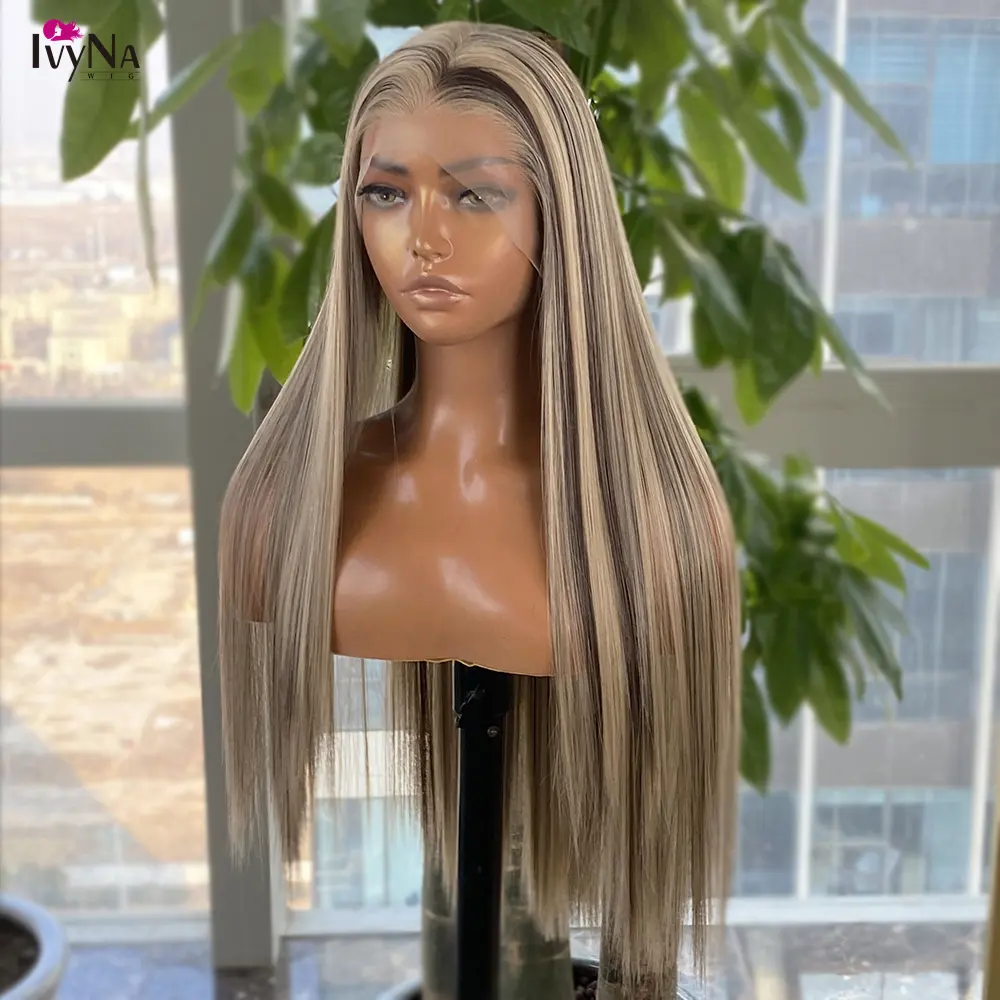 Long 13x4 Silky Straight Highlights Futura Synthetic Lace Front Wigs for Black Women Natural Hairline Blonde Wig