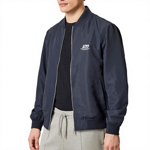 Blouson Bomber Homme Bleu Marine Couleur Unie Fermeture Éclair Col Mandarin Décontracté Respirant Coupe-Vent Logo Avant Vêtement d'Extérieur Hiver - Product Image 1