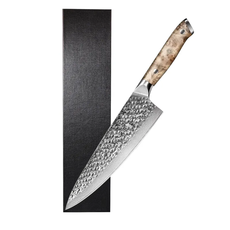 फुल टैंग चाकू डिजाइन उच्च गुणवत्ता वाले 8IN शेफ चाकू लकड़ी के हैंडल के साथ रियल दमिश्क स्टील शेफ चाकू