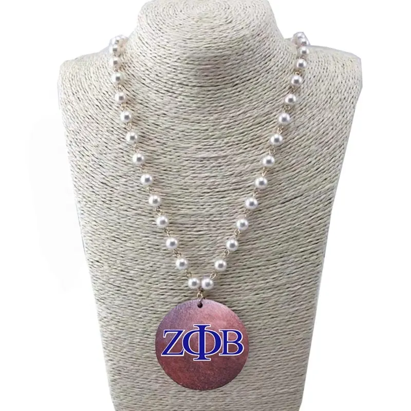 Hande made grèce sororité grecque Zeta Phi Beta disque naturel perle pendentif en bois collier bijoux