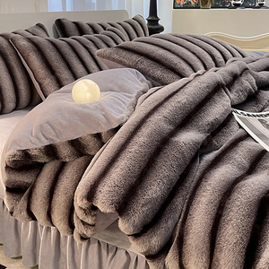 Sang trọng sọc in Faux Thỏ sữa nhung 4pcs beddings thiết lập ấm cúng mùa đông <span class=keywords><strong>Comforter</strong></span> Bìa Quilt bedspread giường phẳng tấm thiết lập - Product Image 3