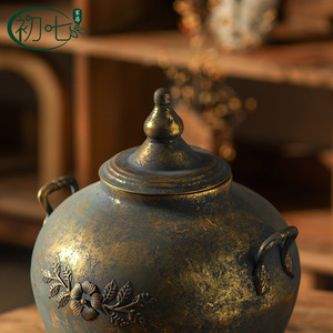 Jarrón de hierro Wabi Sabi con asa, acabado antiguo, contenedor decorativo para la entrada, decoración del hogar - Product Image 4