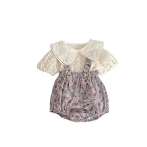 INS Summer New High Quality Infants Young Girls Fashionable Retro Jacquard Overalls Peter Pan Collar Short-sleeved Sets