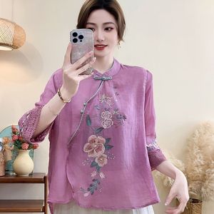 Chinese Embroidery Linen Top Women Stand Collar Mid Sleeve Loose Fit Rose Red Chinoiserie Style Blouse For Everyday Wear - Product Image 5