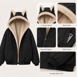 Veste à capuche avec oreilles de chat pour <span class=keywords><strong>femme</strong></span>, <span class=keywords><strong>manteau</strong></span> d'hiver <span class=keywords><strong>noir</strong></span> avec doublure douce et poches - Product Image 4