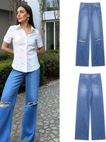 Nouvelle Collection Été – Jean en Denim Taille Haute Déchiré à Jambes Larges pour Femme, Style Européen et Américain, Vente en Gros