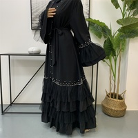 1828 #   Abaya Kimono Noire pour Femmes Musulmanes, Ornée de Perles, avec Bas Superposé en Tulle, Cardigan Respirant, Vêtement Pudique de Printemps