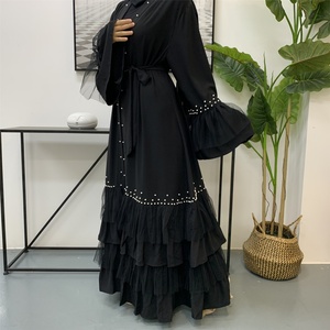 1828# Muslim Women Favorite Dark Black Abaya Kimono Beading Pearls Cake Bottom Mesh Design Black Cardigan Abayas Modest Clothing - Product Image 3
