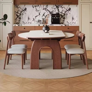 Nuovo Set Tavolo da Pranzo in Legno Massello Stile Francese Mid-Century 2026, Allungabile da Rotondo a Quadrato, Multifunzionale con Piano in <span class=keywords><strong>Lastra</strong></span> di <span class=keywords><strong>Marmo</strong></span> - Product Image 4