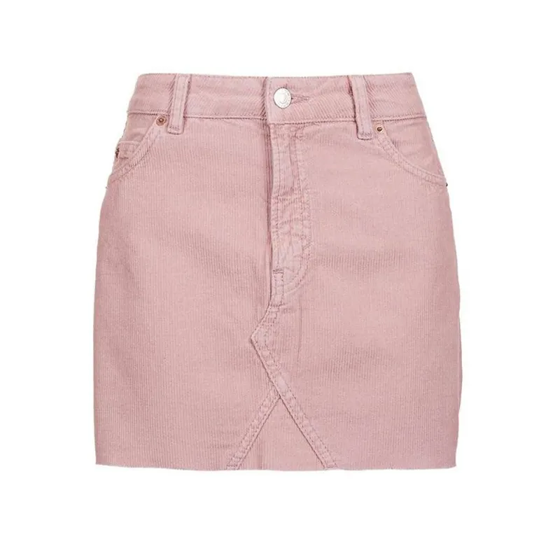 Spring Office Lady Corduroy Short Skirt Denim Style A-line Pink High Waist Pocket Mini Skirt